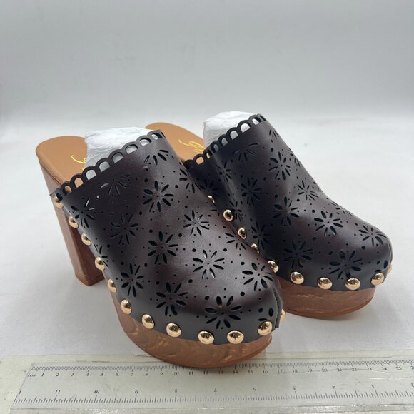 FOWT Brown Studded Round Toe Floral Cut Out Platform Mules Chunky Heel Sandals - Picture 4 of 8